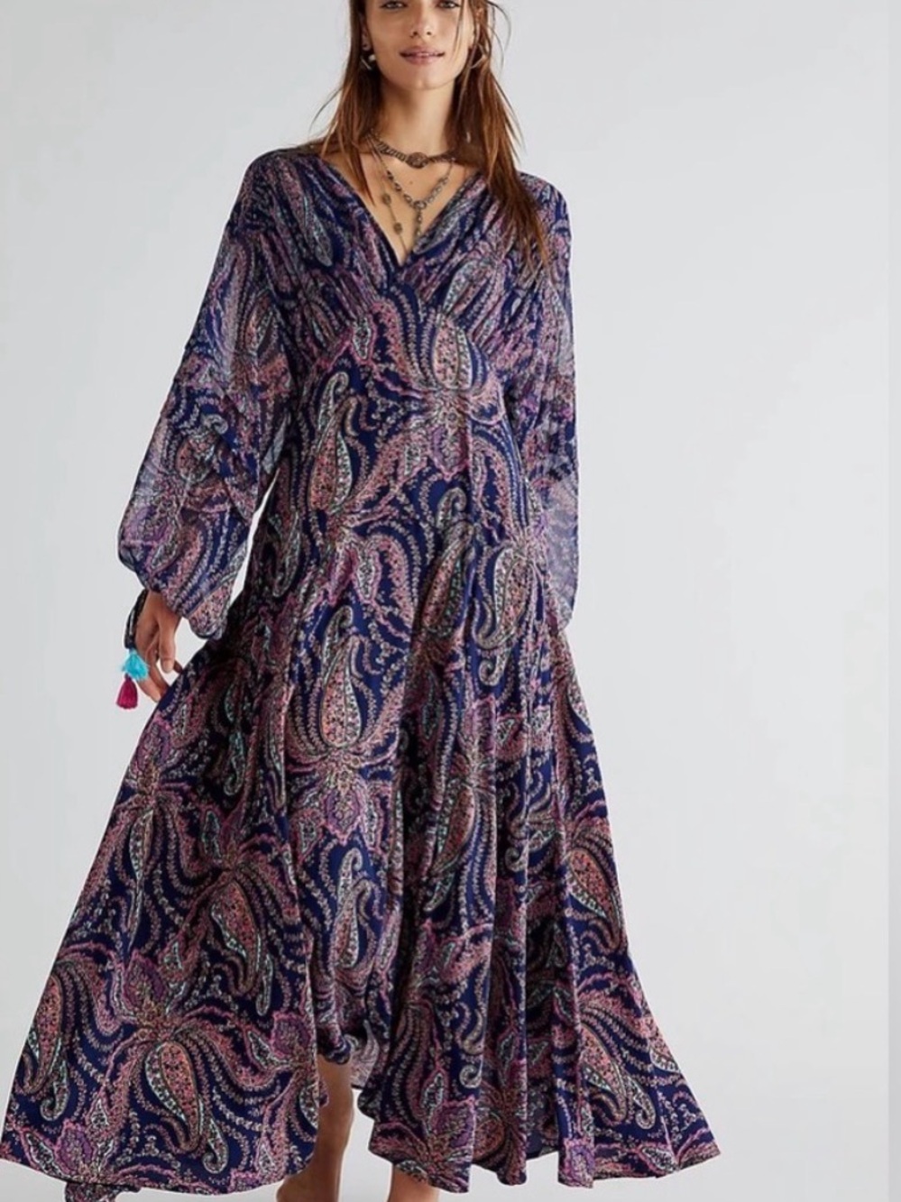 Free People Navy and Pink Paisley V-Neck Maxi Dress